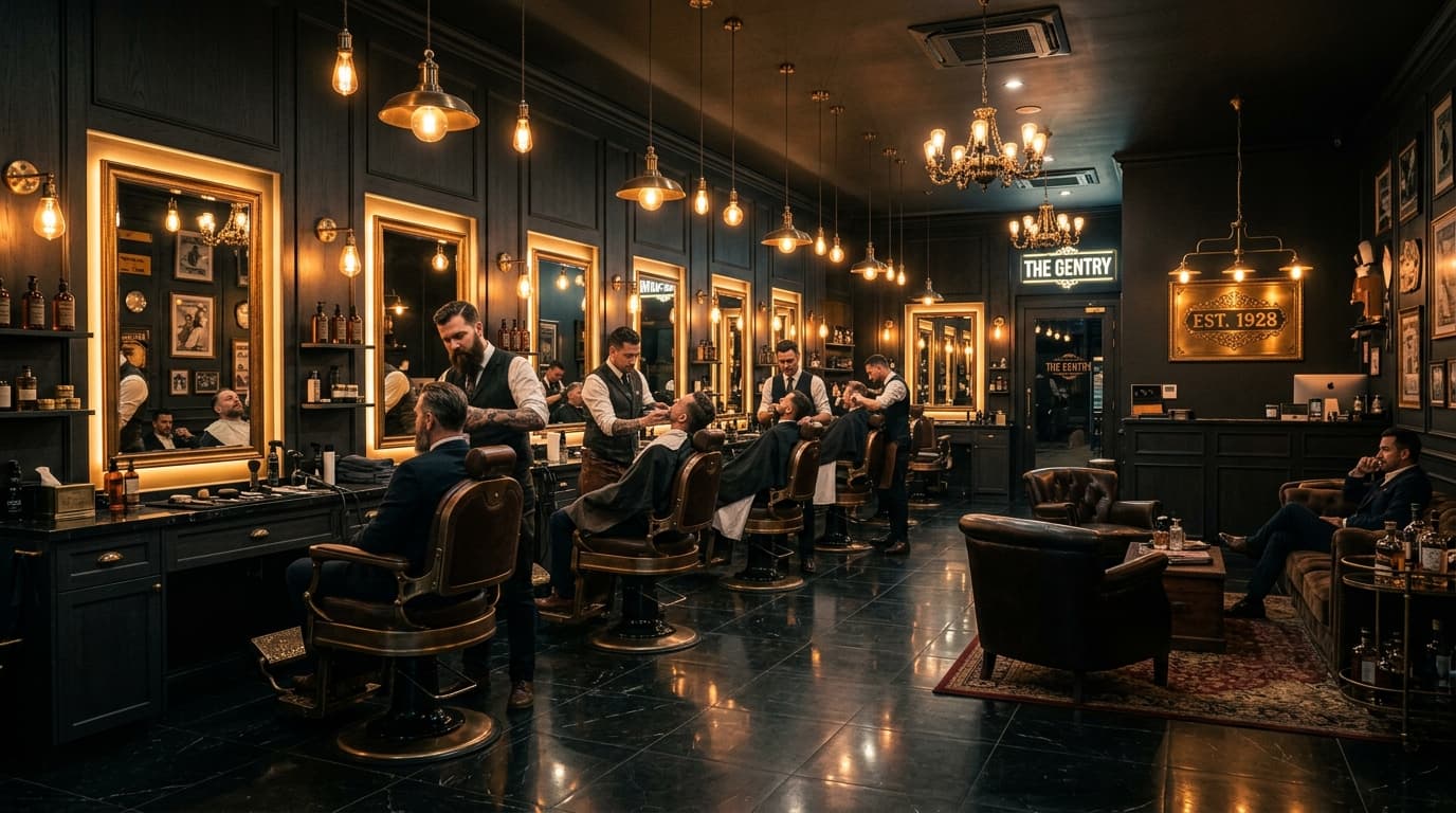 Barbearia premium com iluminação aconchegante